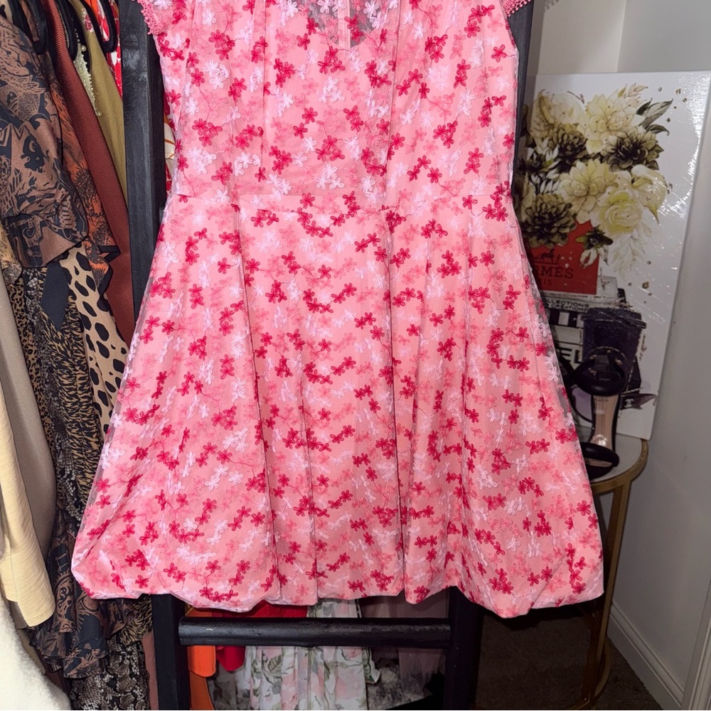 ML Monique Lhuillier Gathered Embroidered Tulle Mini Dress Pink Floral Fit Flare - Picture 7 of 15